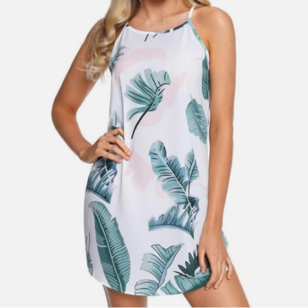 Tropical Leaf Print Swim Cover-Up